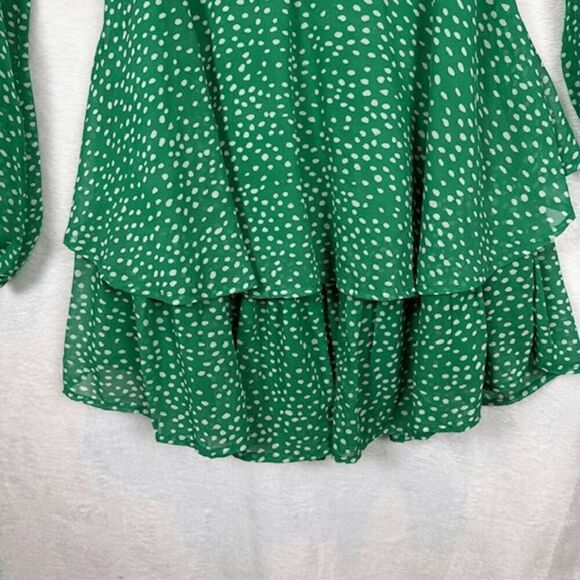 Japna Tiered Mini Dress Puff Sheer Sleeves Elastic and Tie Waist Green Size XS - Picture 3 of 14